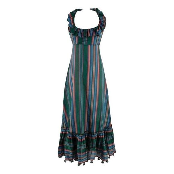 Zimmermann Allia Ruffled Striped Cotton Maxi Dress Green Tiered Boho Large - Picture 2 of 9